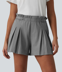 Ruffle High Waisted Pleated Stripe Casual Shorts 4'' with Pockets