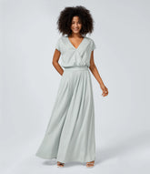 V Neck Short Sleeve Side Pocket Wide Leg Flowy Waffle Casual Jumpsuit