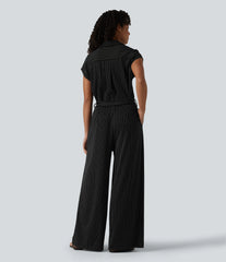 Short Sleeve Belted Stripe InstantCool Work Shirt Jumpsuit with Pockets-Easy Peezy Edition