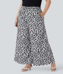 Plus Size High Waisted Drawstring Leopard Print Wide Leg Casual Pants with Pockets