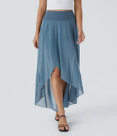 High Waisted High Low Ruffle 2-in-1 Pocket Flare Mesh Casual Regular Maxi Skirt