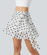 High Waisted Tie Side 2-in-1 Flowy Polka Dot Mesh Micro Mini Flare Skirt with Pocket