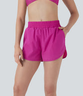 Mid Rise 2-in-1 Curved Hem Quick Dry Bikini Bottom Swimsuit with Pockets