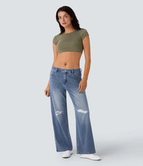 Halara Flex™ Mid Rise Ripped Washed Casual Baggy Jeans With Pockets