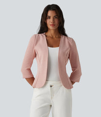 Ribbed Knit V Neck Open Front 3/4 Sleeve Stripe Casual Blazer