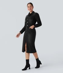Halara Flex™ Denim Long Sleeve Midi Casual Shirt Dress with Pockets