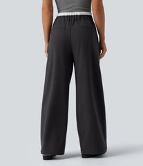 High Waisted Drawstring Wide Leg Work Pants with Pockets