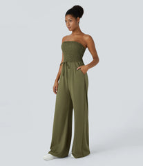 Tube Shirred Knot Pocket Wide Leg Casual Jumpsuit