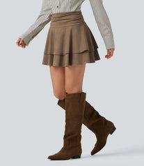 High Waisted Ruched Layered 2-in-1 Suede Mini Casual Skirt