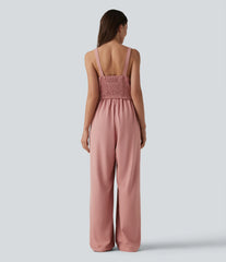 U-Neck Sleeveless Shirred Decorative Buttons Waffle Casual Wide Leg Jumpsuit with Pockets-Easy Peezy