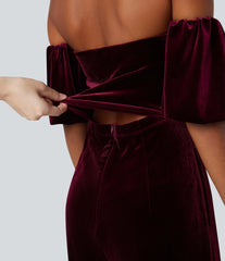 Tube Puff Sleeve Split Velvet Party Jumpsuit-Easy Peezy