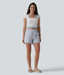 Mid Rise Quick Dry Crinkle Casual Baggy Shorts with Flap Pockets