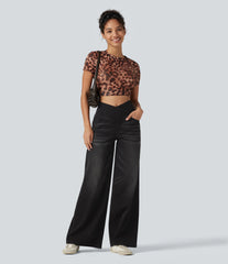 Halara Flex™ Crossover High Waisted Tummy Control Wide Leg Casual Jeans with Pockets