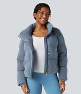 High Neck Drawstring Hem Sparkle Casual Puffer Jacket with Pockets