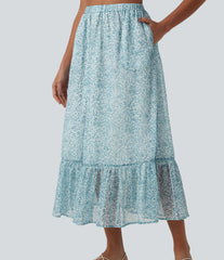 High Waisted Floral Print Flowy Midi Casual Skirt with Pockets