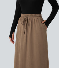 High Waisted Drawstring A Line Suede Midi Casual Skirt with Pockets