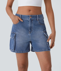 Halara Flex™ Low Rise Pockets Washed Denim Casual Cargo Shorts