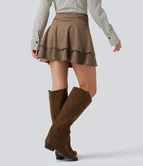 High Waisted Ruched Layered 2-in-1 Suede Mini Casual Skirt