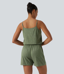 U-Neck Adjustable Straps Pleated Built-in Bra Casual Romper with Pockets-Easy Peezy