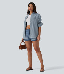 Halara Flex™ Long Sleeve Stripe Denim Casual Shirt with Pocket