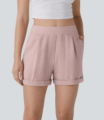 High Waisted Pocket Casual Linen-Feel Shorts