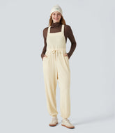 Ribbed Knit Adjustable Straps Drawstring Casual Overalls with Pockets