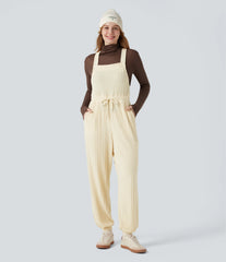 Ribbed Knit Adjustable Straps Drawstring Casual Overalls with Pockets