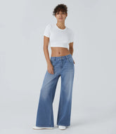 Halara Flex™ Low Rise Zipper Pockets Washed Baggy Wide Leg Casual Jeans