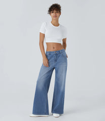 Halara Flex™ Low Rise Zipper Pockets Washed Baggy Wide Leg Casual Jeans
