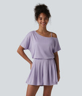 One Shoulder Short Sleeve Pleated Waffle Casual Romper with Pockets-Easy Peezy Edition