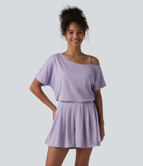 One Shoulder Short Sleeve Pleated Waffle Casual Romper with Pockets-Easy Peezy Edition