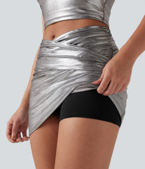 SoftlyZero™ Faux Leather High Waisted Crossover Ruched 2-in-1 Bodycon Mini Sparkle Foil Print Stretchy Party Skirt
