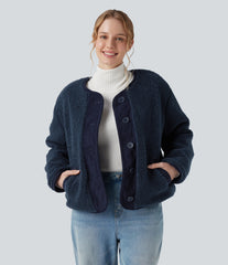 Reversible Long Sleeve Casual Sherpa Jacket with Pockets (Two Looks in One)