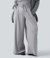 Plus Size High Waisted Drawstring Wide Leg Casual Pants with Pockets