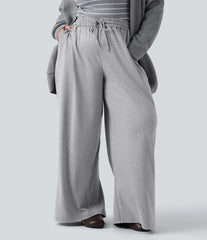 Plus Size High Waisted Drawstring Wide Leg Casual Pants with Pockets