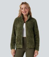 Stand Collar Long Sleeve Casual Sherpa Jacket with Pockets