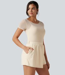 SoftlyZero™ Plush Boat Neck Built-in Bra Contrast Mesh Short Sleeve Party Romper with Pockets-Easy Peezy Edition