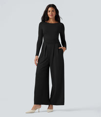 Boat Neck Long Sleeve Wide Leg Casual Jumpsuit with Pockets-Easy Peezy Edition