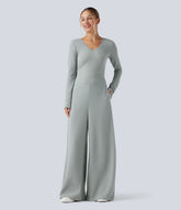 V Neck Long Sleeve Casual Jumpsuit with Pockets-Easy Peezy Edition