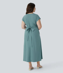 Breezeful™ V Neck Short Sleeve Pocket Tie Back Quick Dry Midi Casual Plus Size Dress