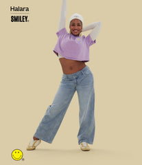 Halara X Smiley® Halara Flex™ Asymmetric Low Rise Baggy Wide Leg Washed Casual Jeans with Pockets