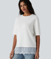Round Neck Half Sleeve Contrast Lace Casual Cotton T-Shirt