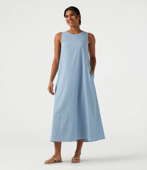 Round Neck Sleeveless Midi Crinkle Gingham Casual Tank Dress with Pockets