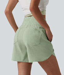 High Waisted Curved Hem Casual Stretch Linen Shorts 5'' with Pockets