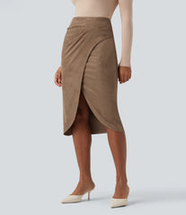 High Waisted Suede Tulip Hem Midi Casual Skirt