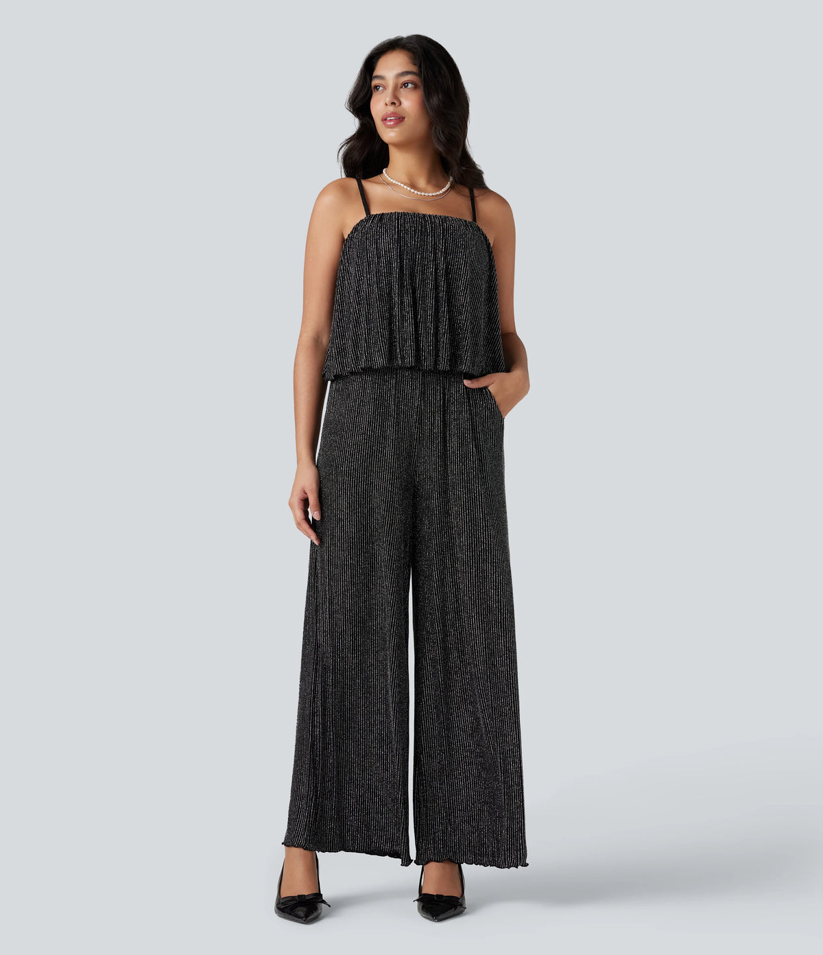 Ruffle Hem Sleeveless Sparkle Stripe Casual Jumpsuit with Pockets-Easy Peezy