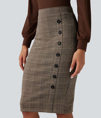 High Waisted Bodycon Houndstooth Plaid Knee Length Work Skirt