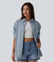 Halara Flex™ Long Sleeve Stripe Denim Casual Shirt with Pocket