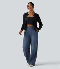 Mid Rise Draped Wide Leg Casual Jeans with Pockets
