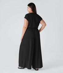 V Neck Short Sleeve Pocket Wide Leg Flowy Waffle Casual Plus Size Jumpsuit